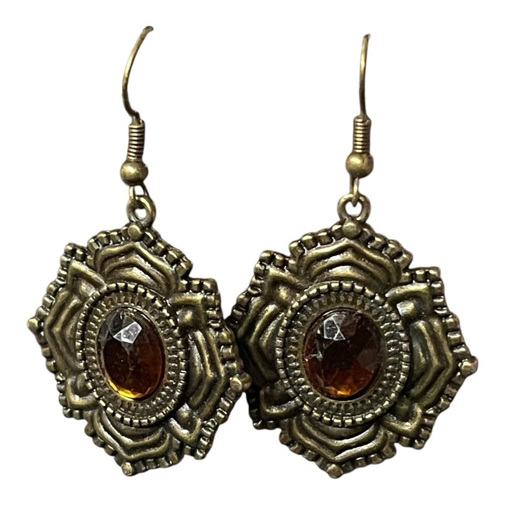 Kelly Rae Roberts Amber Crystal Boho Statement Earrings Bronze Tone Dangle - Picture 6 of 8